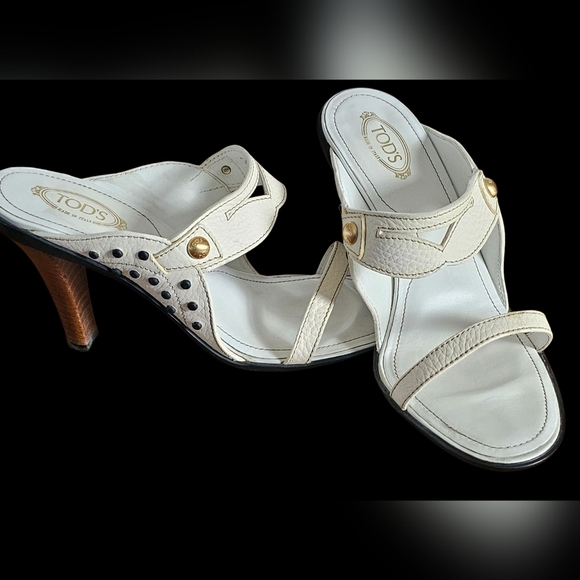 Tod's Shoes - Tod's White Pebble Leather Open Toe Slide Heel Mule Sandals Size 8.5